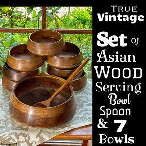 ⭐️HP⭐️VTG▪️ 70's 80's Boho Rustic Set of ASIAN WOOD Serving Bowl Spoon & 7 Bowls